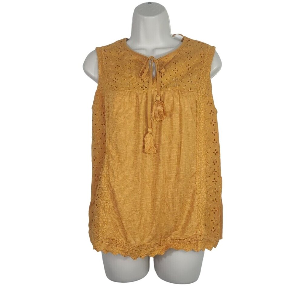 Knox Rose Eyelet Ribbed Tank Top Tassel Tie Women Size S 4 6 Gold Sleeveless NEW